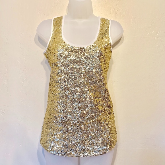 Calvin Klein | Gold Jewel Tone Sparkle Sequin Fitted Tank Top - Picture 2 of 6